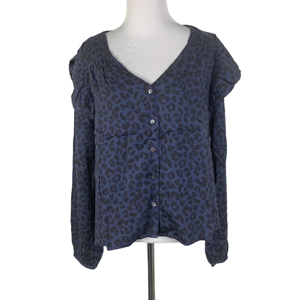 Marine Layer Rory Long-Sleeve Ruffle Blouse Cheetah Print Womens Extra Large XL